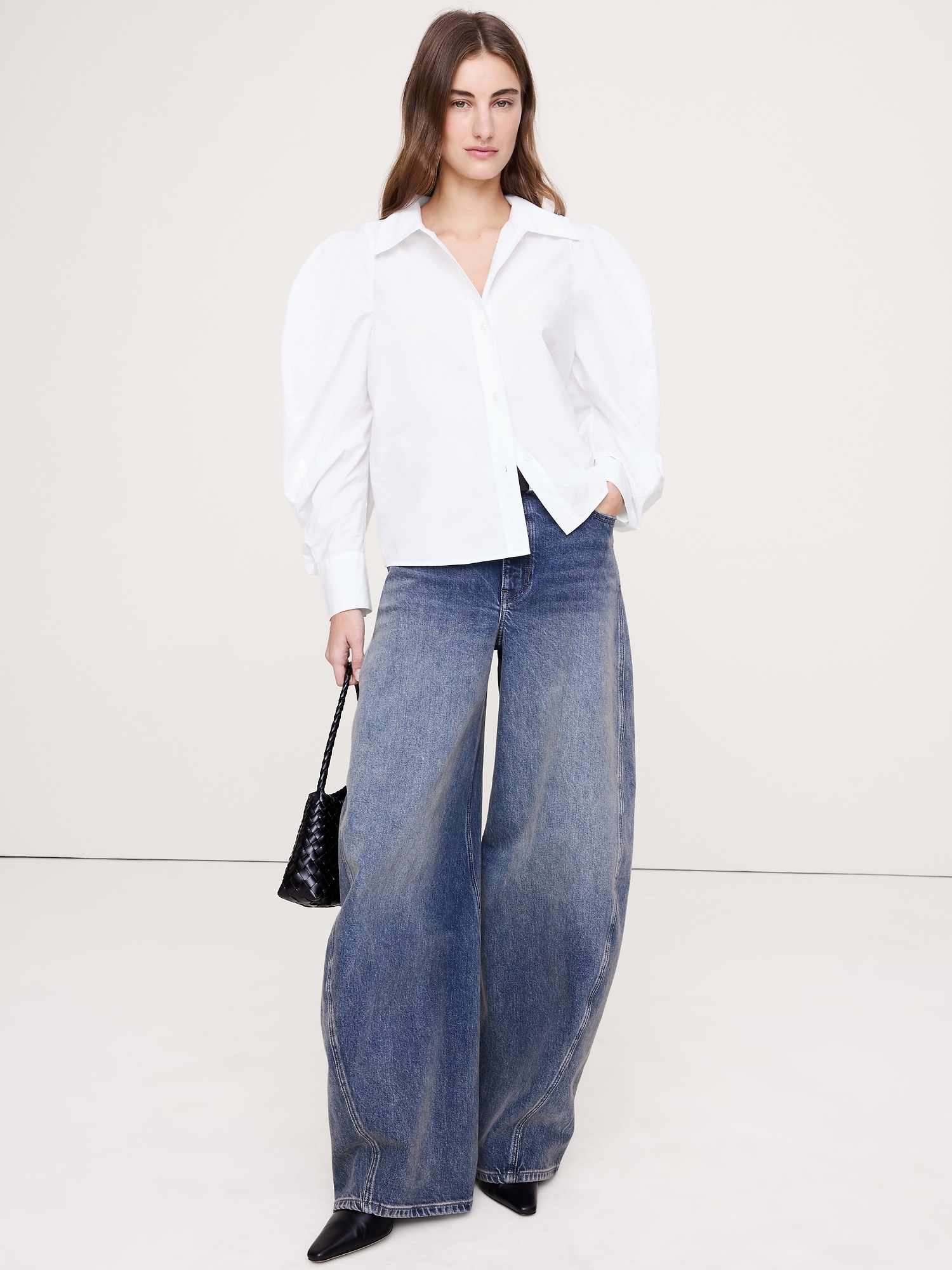 Chemisier en popeline de coton à manches volumineuses - Blanc