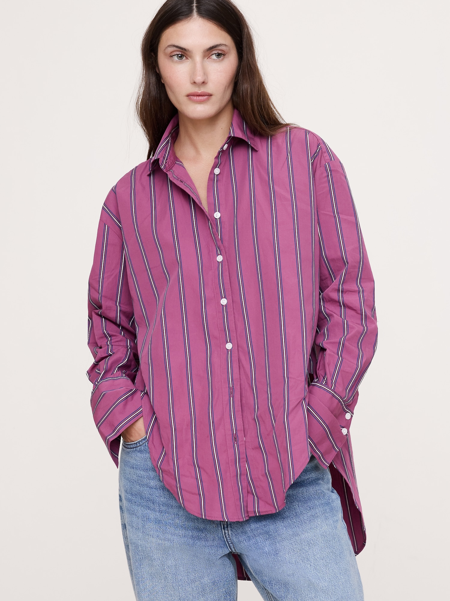 Cotton Poplin Curve-Hem Shirt - Pink Stripe