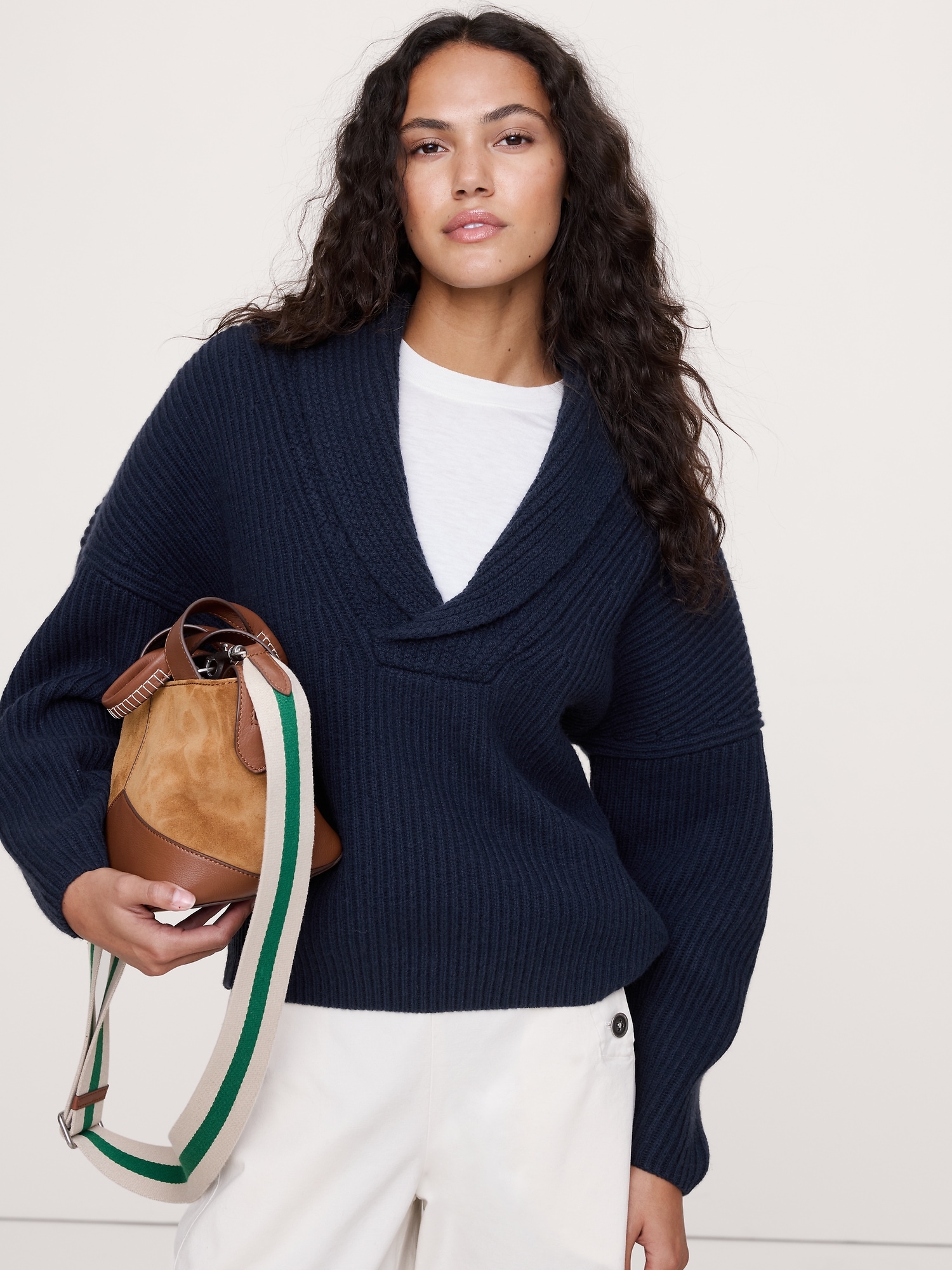 Chandail à col châle en coton et laine mérinos