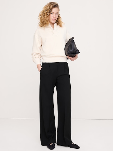 PANTALON À TAILLE HAUTE ÉLASTIQUE, JAMBE LARGE, EN TRICOT POINT DE ROME FLUIDE