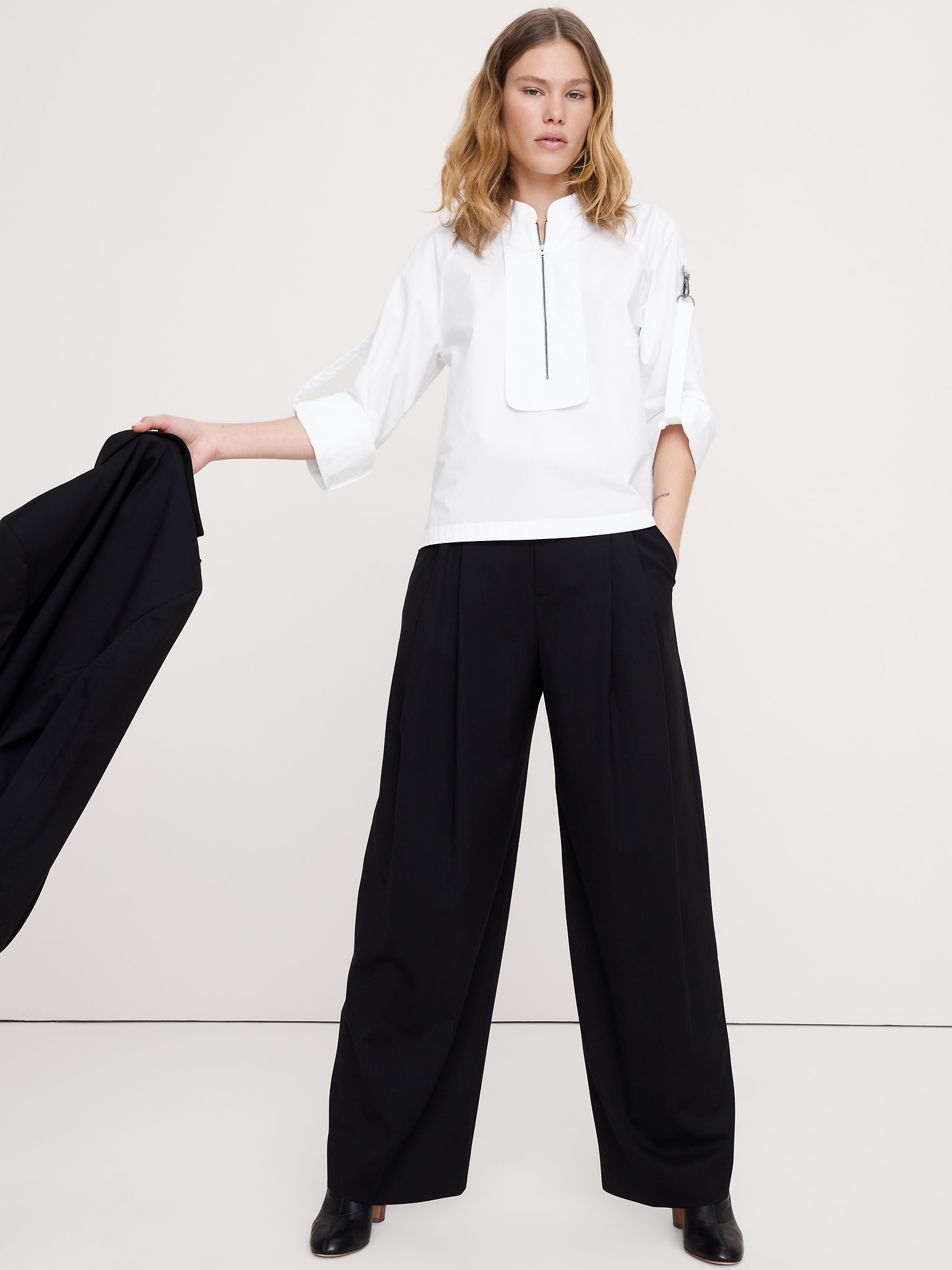 Cotton Poplin Zip Popover Top