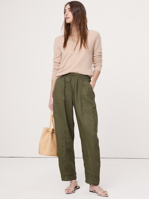 PANTALON À TAILLE ÉLASTIQUE ET JAMBE BARIL EN LIN