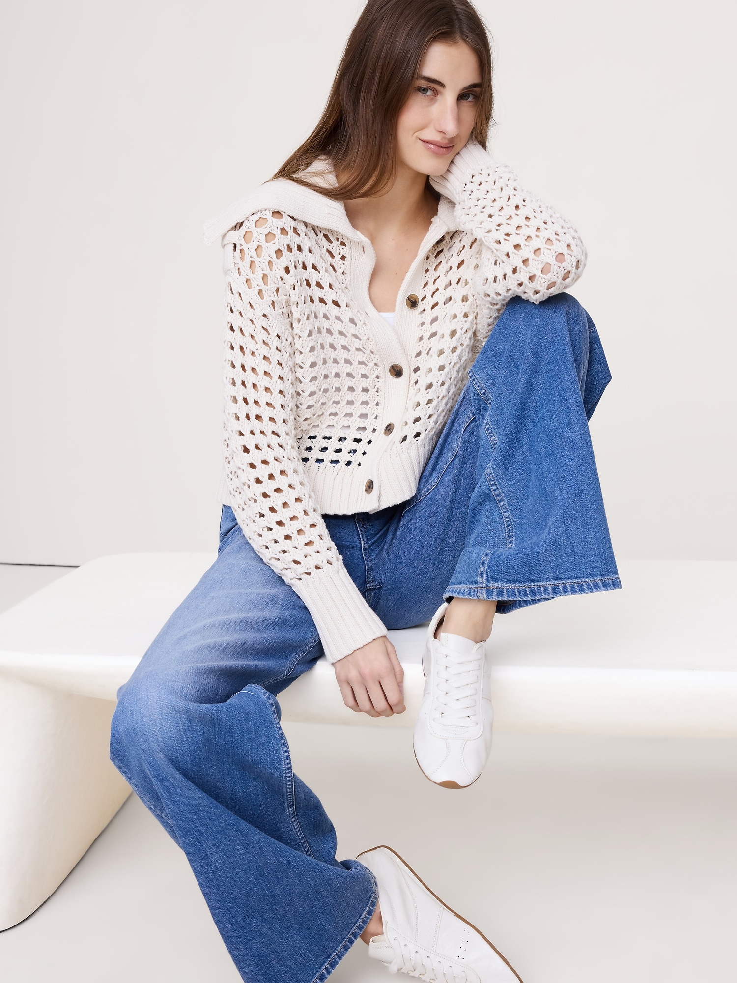 CARDIGAN À POINTS AJOURÉS EN COTON