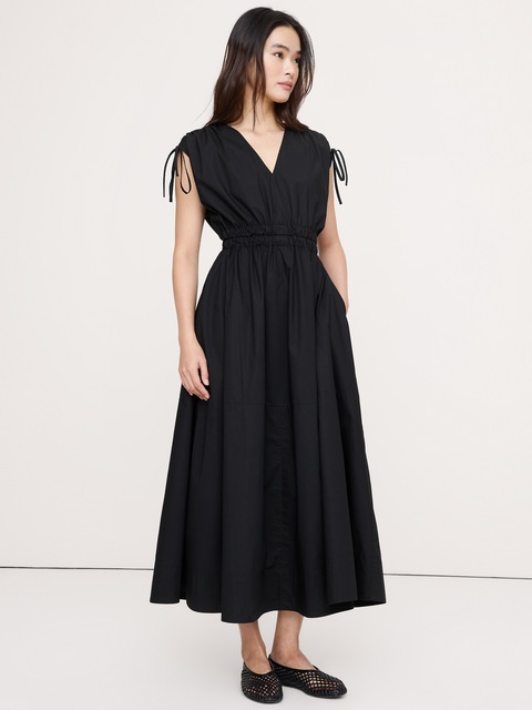 ROBE LONGUE À ÉPAULES FRONCÉES EN POPELINE