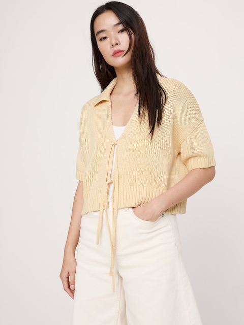 CARDIGAN À COL POLO EN COTON NOUÉ À L'AVANT