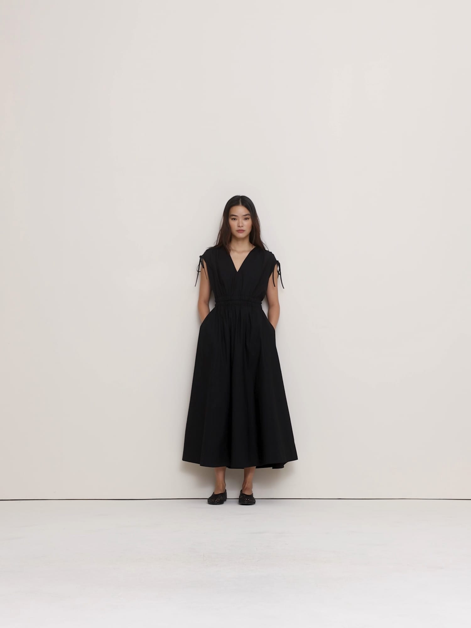 Poplin Ruched-Shoulder Maxi Dress