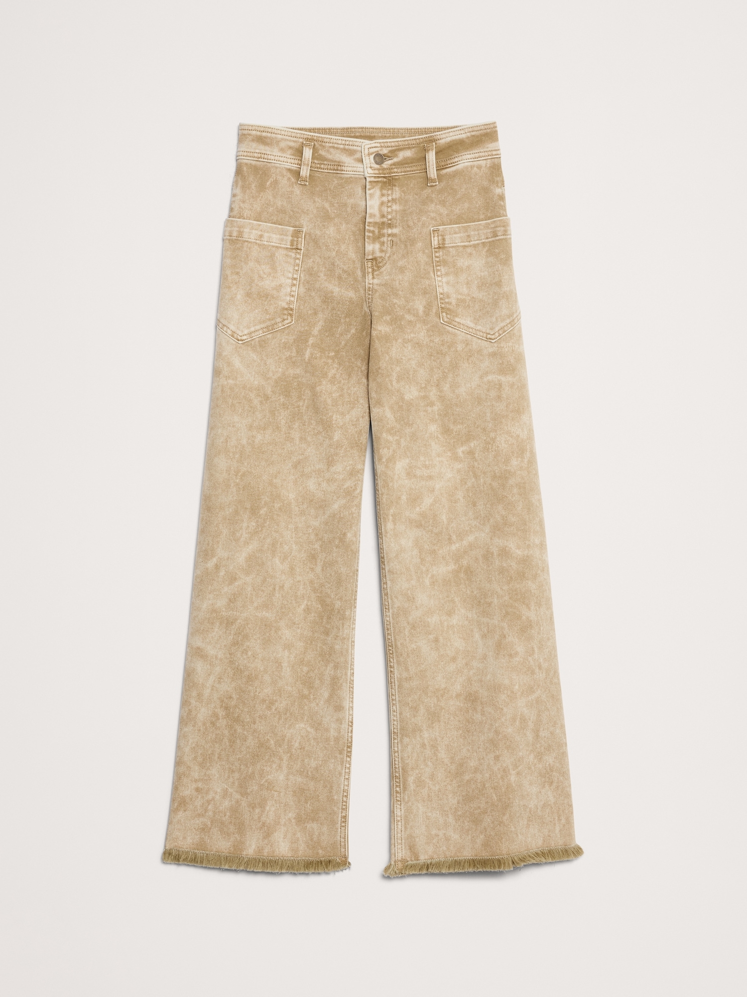 L'image numéro 4 présente Jean à taille haute, jambe large et ourlet brut en tissu effet marbré