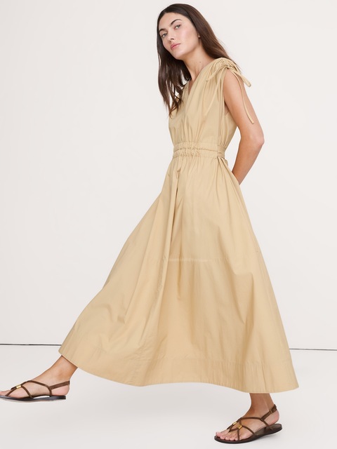 ROBE LONGUE À ÉPAULES FRONCÉES EN POPELINE