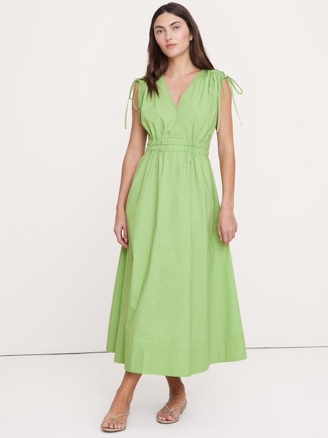ROBE LONGUE À ÉPAULES FRONCÉES EN POPELINE