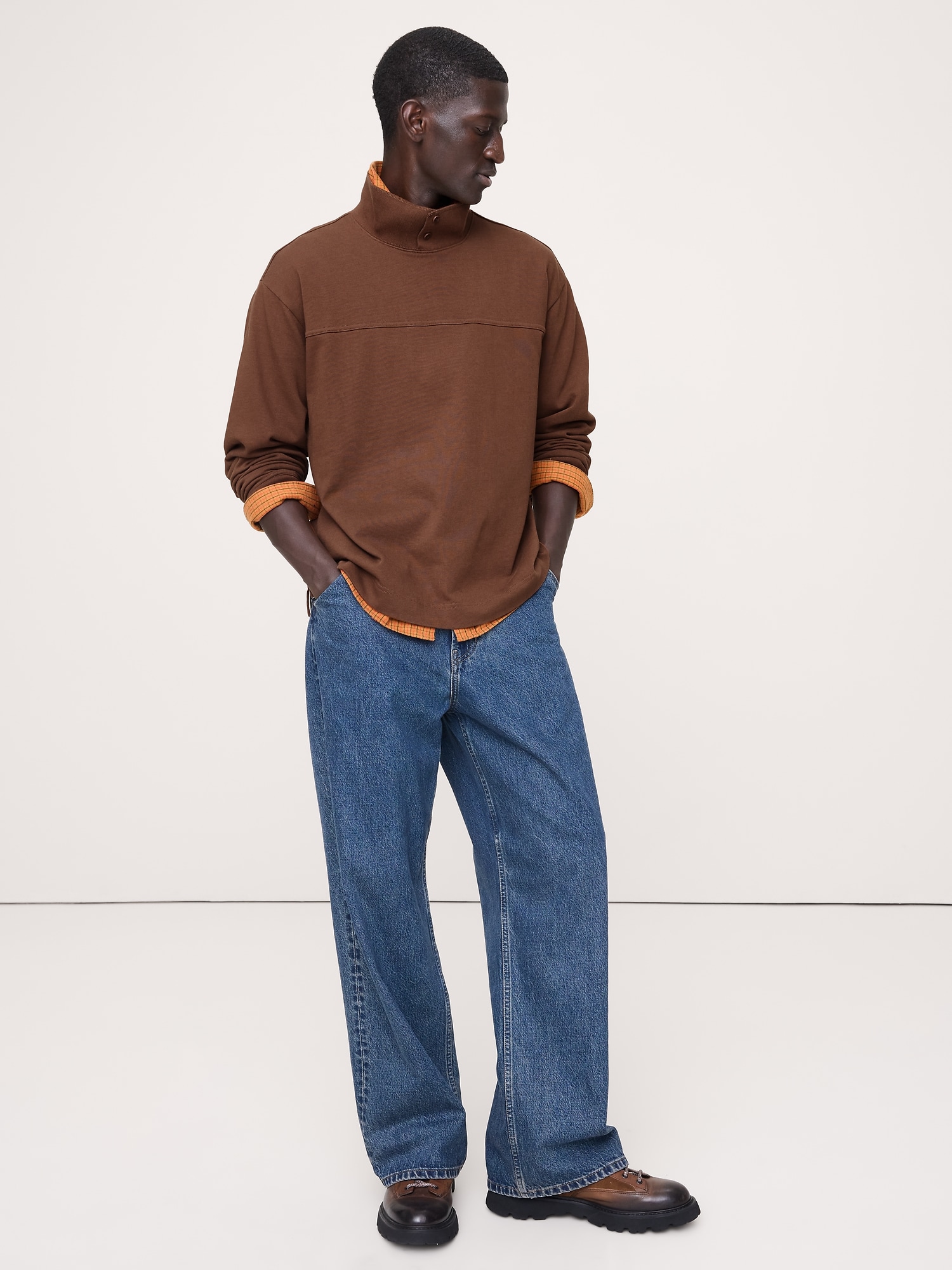 Cotton Fleece Mock Neck Sweatshirt