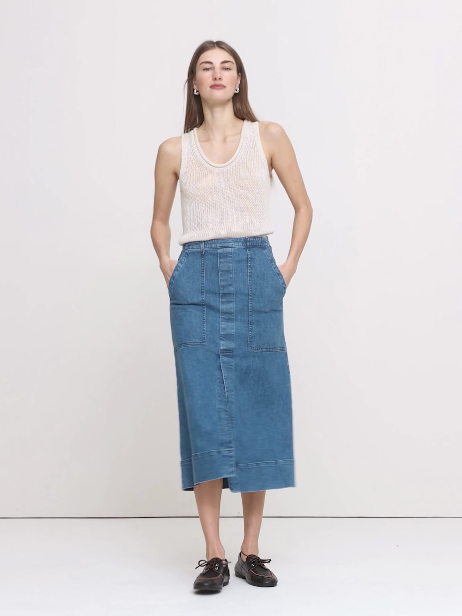 Denim Front-Slit Midi Skirt