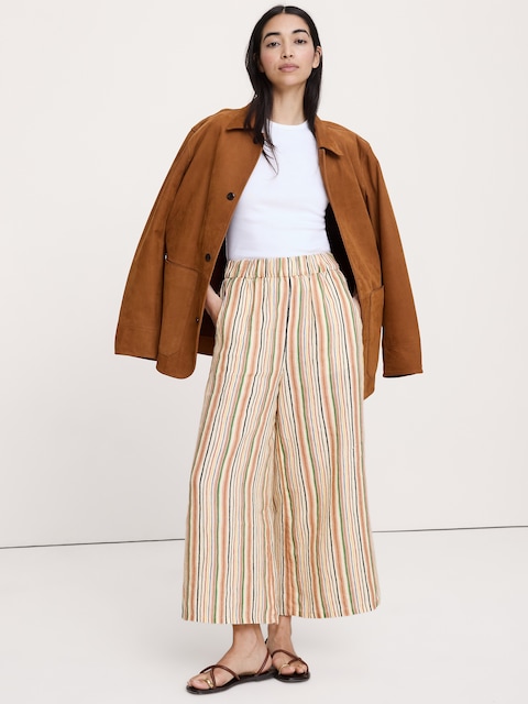 PANTALON LONGUEUR CHEVILLE À JAMBE LARGE À TAILLE EXTENSIBLE EN LIN