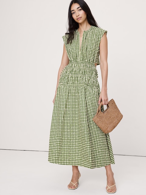 ROBE LONGUE À DOS DÉNUDÉ EN COTON ET POPELINE À FRONCES