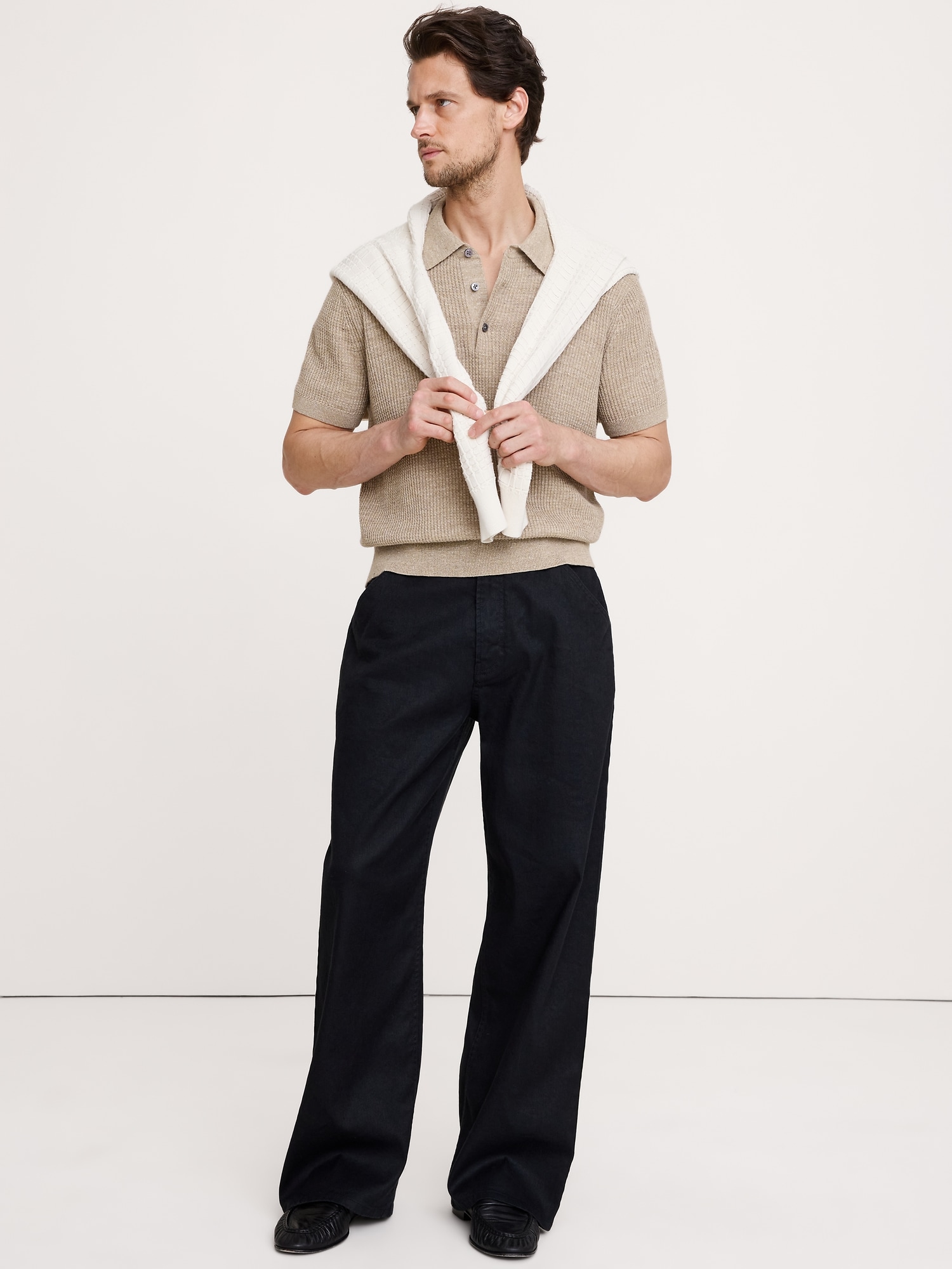 PANTALON AMPLE À TAILLE EXTENSIBLE EN COTON ET LIN ITALIEN