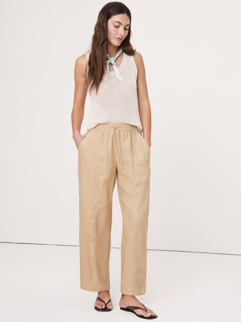 PANTALON À TAILLE ÉLASTIQUE ET JAMBE BARIL EN LIN