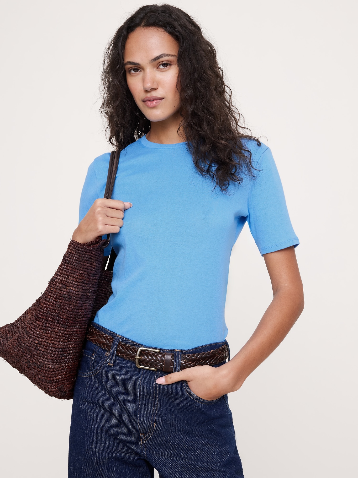 T-SHIRT À MANCHES AUX COUDES EN COTON À CÔTES FINES