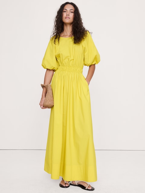 ROBE LONGUE À MANCHES BOUFFANTES EN POPELINE DE COTON