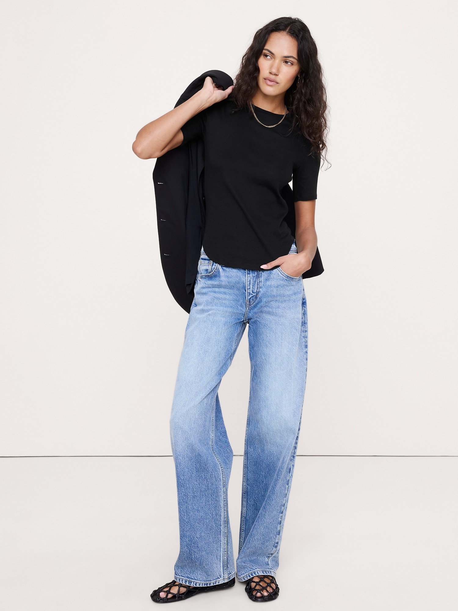 T-SHIRT À MANCHES AUX COUDES EN COTON À CÔTES FINES