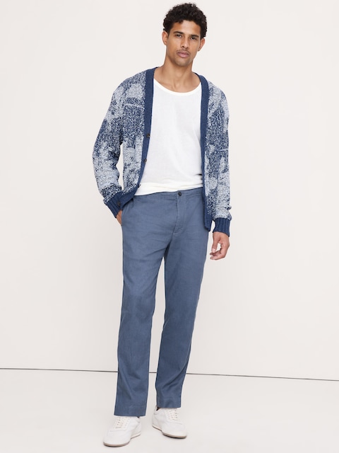 PANTALON DROIT À TAILLE EXTENSIBLE EN LIN ET COTON ITALIEN