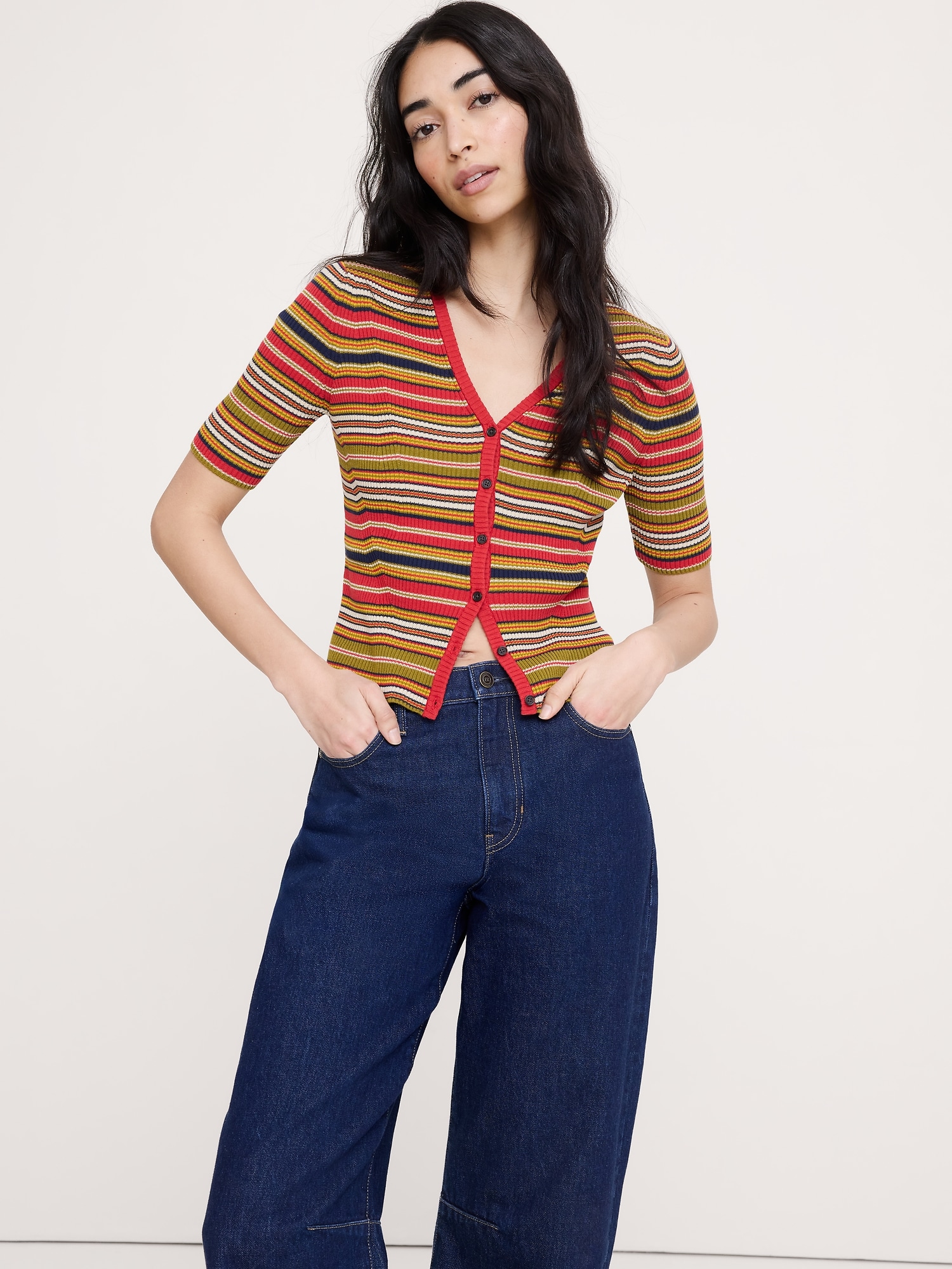 Image number 1 showing, Ribbed Cotton Cropped Cardigan