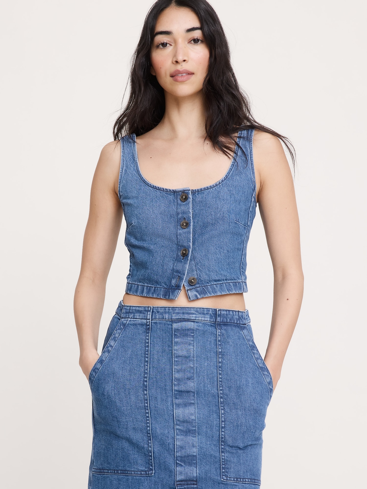Image number 1 showing, Denim Square-Neck Cropped Tank