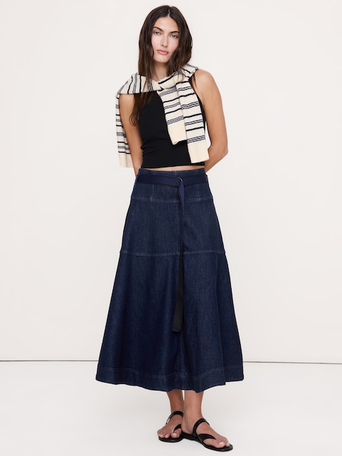 JUPE MI-LONGUE À CEINTURE EN DENIM