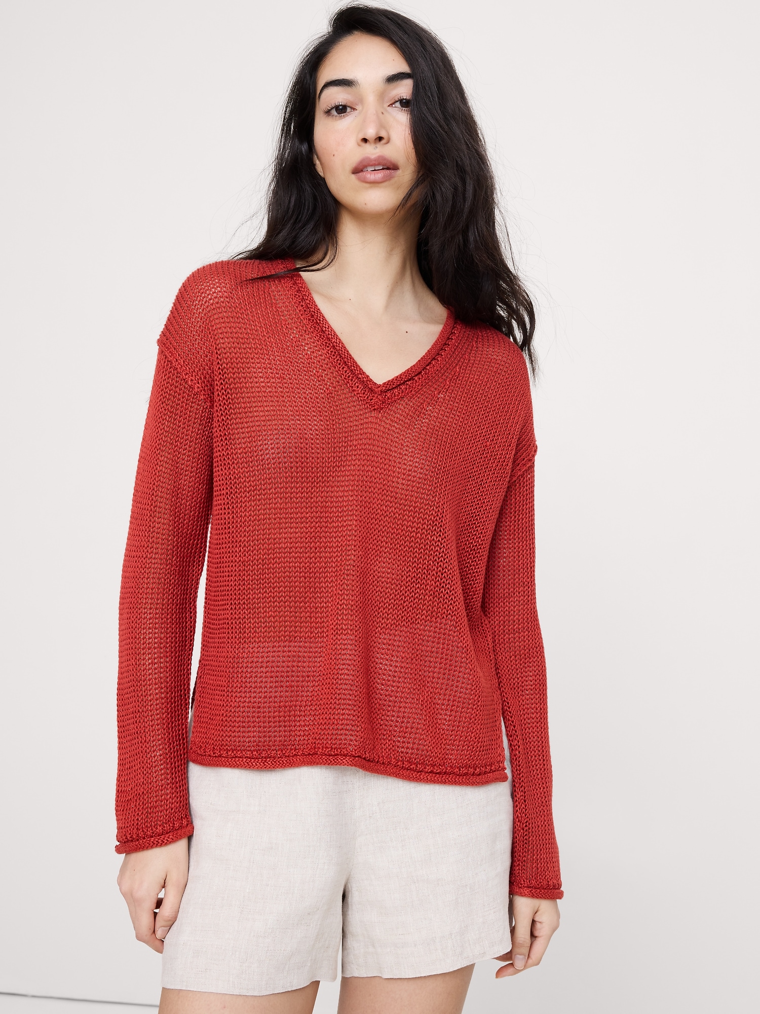 Heirloom Linen V-Neck Sweater - Negroni Red