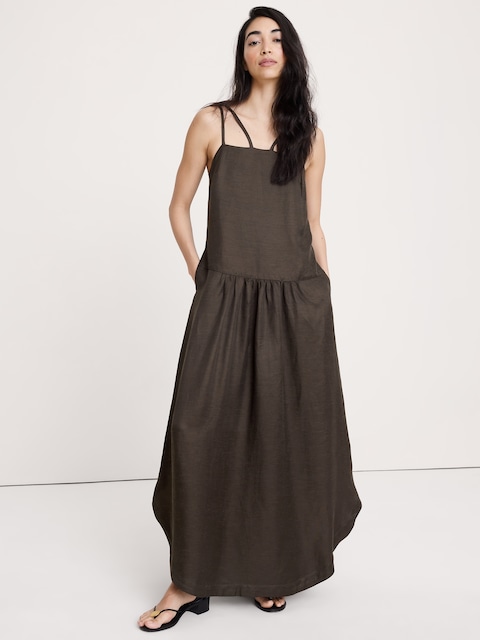ROBE LONGUE EN LIN ET VISCOSE À TAILLE BASSE
