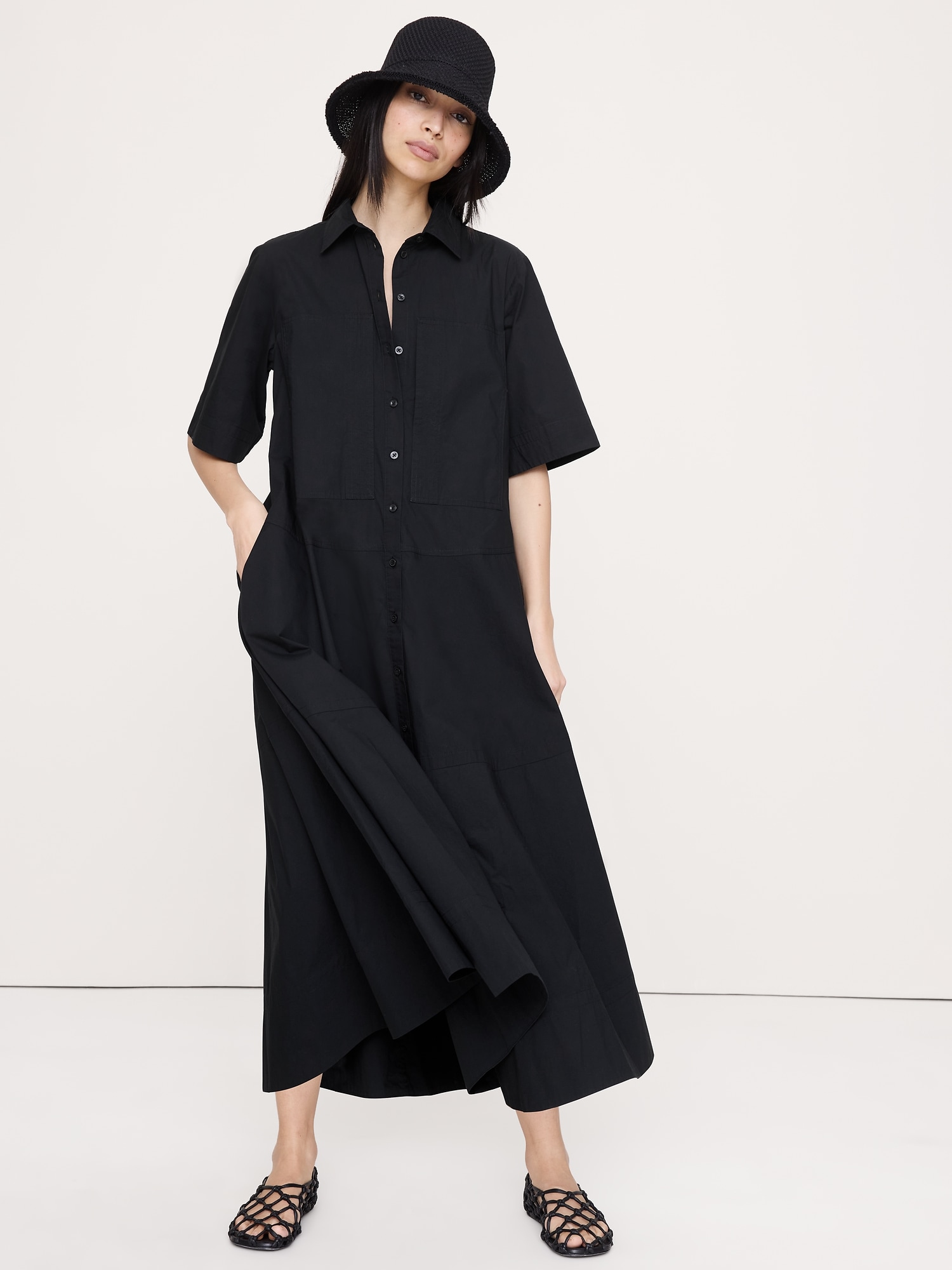 Cotton Poplin Trapeze Maxi Shirt Dress