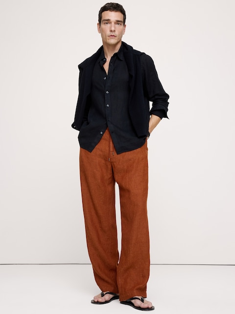 PANTALON DE PLAGE DÉCONTRACTÉ EN LIN À TAILLE EXTENSIBLE