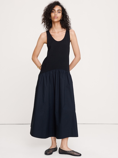 ROBE MI-LONGUE EN POPELINE DE COTON ET JERSEY