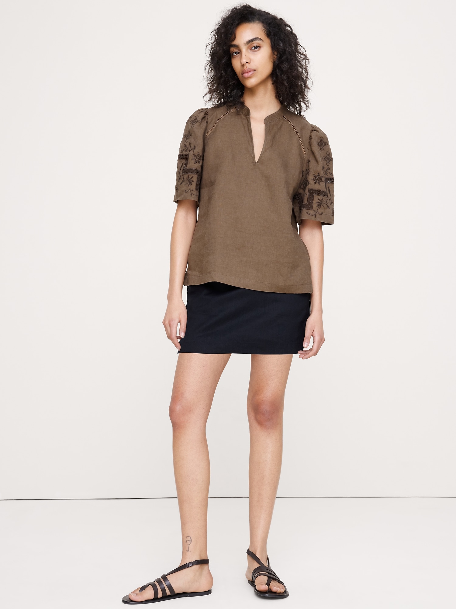 Image number 1 showing, Embroidered Linen Puff-Sleeve Top