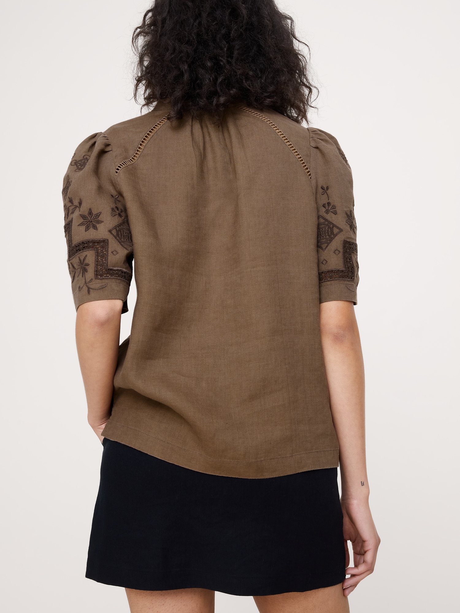 Image number 2 showing, Embroidered Linen Puff-Sleeve Top