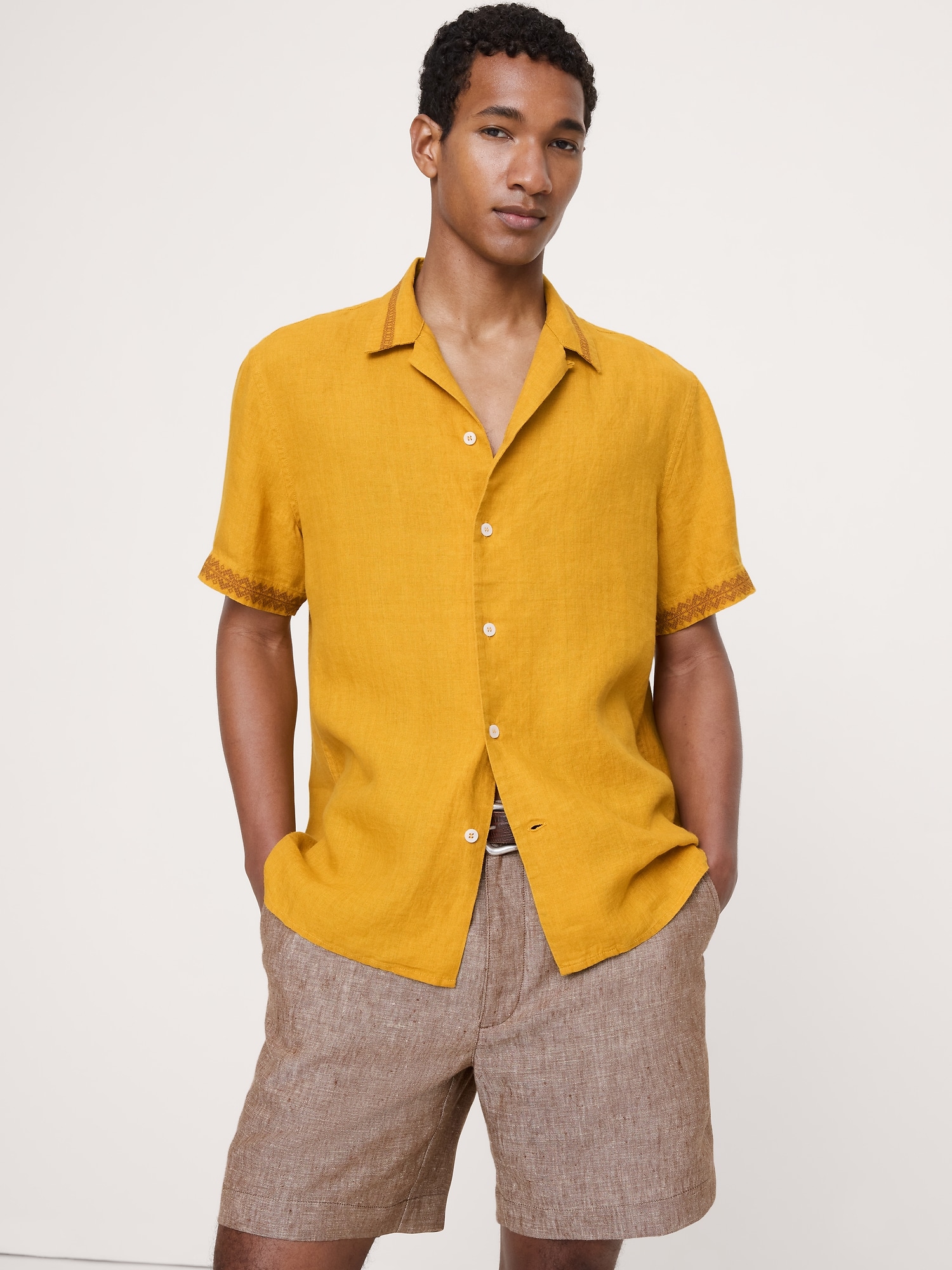 Image number 1 showing, Standard-Fit Embroidered Linen Resort Shirt