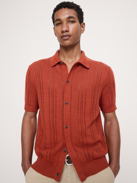 CARDIGAN À COL POLO EN POINTELLE DE LIN ET COTON