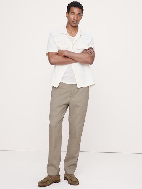 PANTALON DROIT À TAILLE EXTENSIBLE EN LIN ET COTON ITALIEN