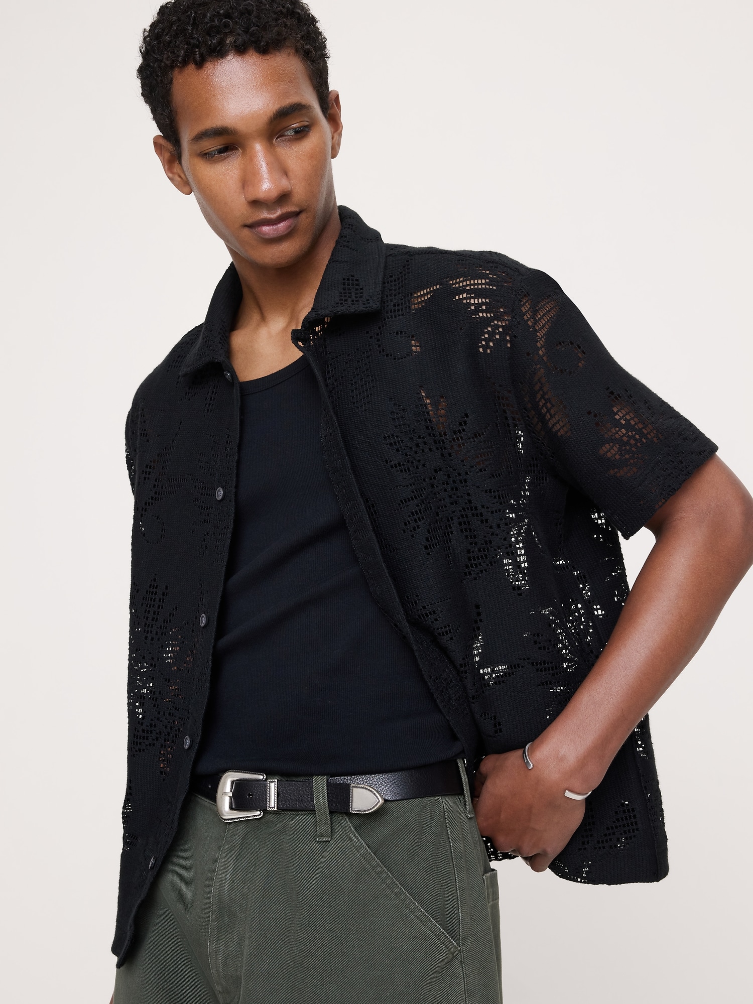 Image number 1 showing, Floral Knit Button-Down Shirt