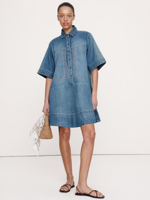 ROBE-CHEMISIER TRAPÈZE COURTE EN DENIM