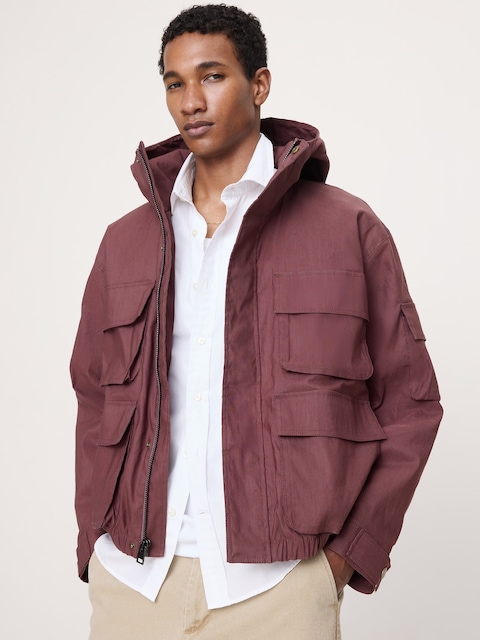 VESTE SAHARIENNE À CAPUCHON EN MÉLANGE DE CHANVRE