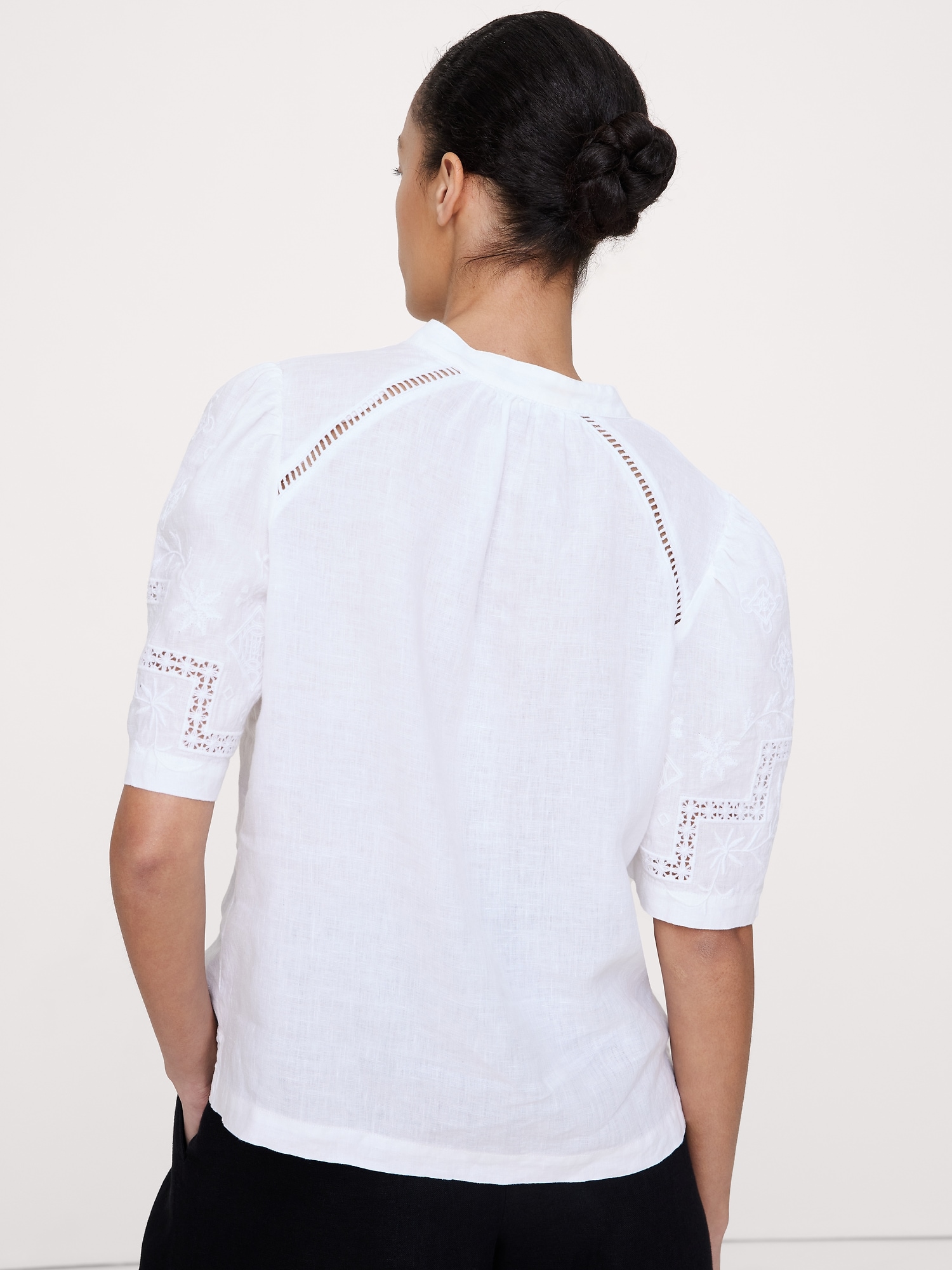 Image number 5 showing, Embroidered Linen Puff-Sleeve Top