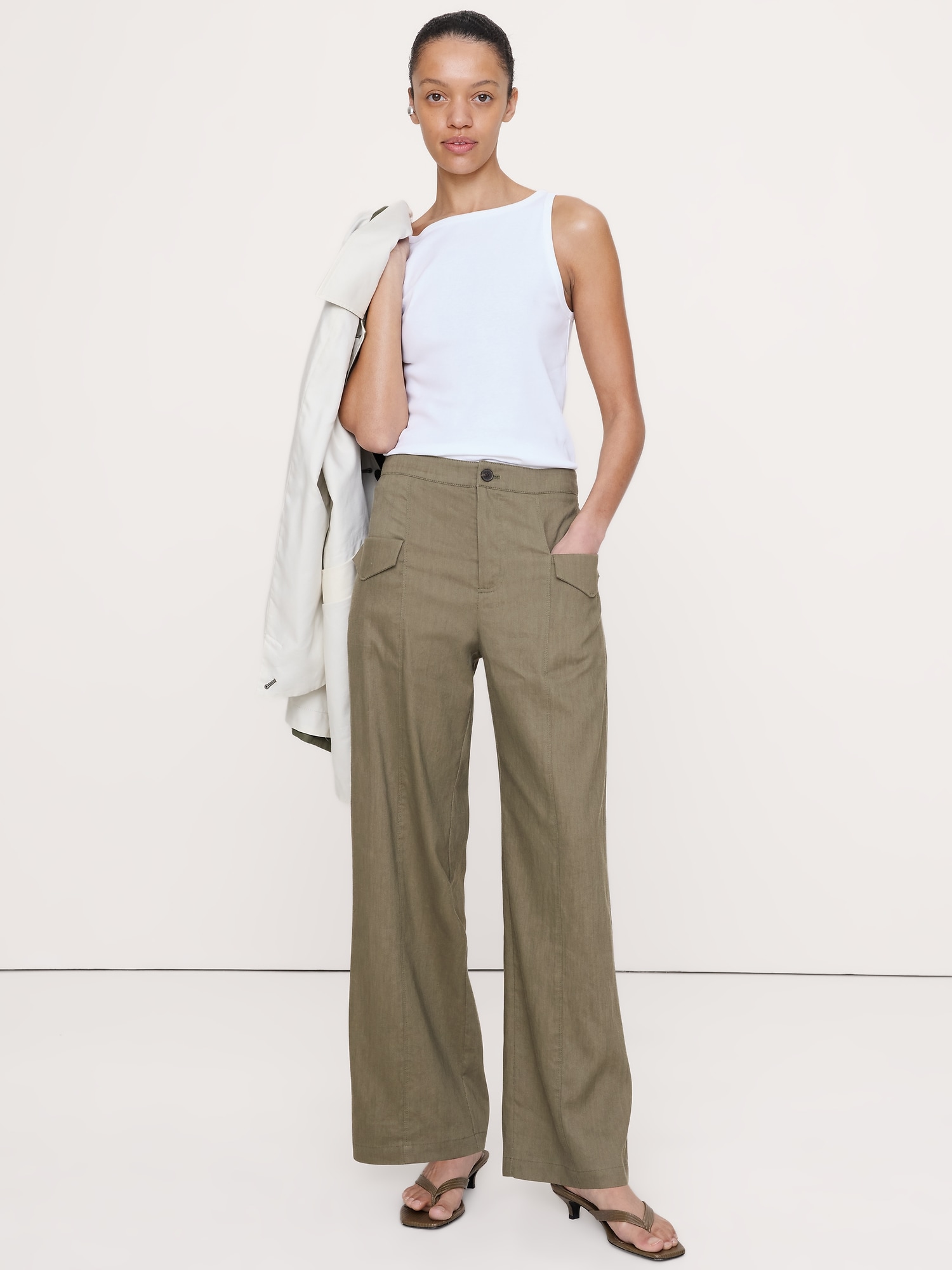 Image number 1 showing, Mid-Rise Straight Utility Pant in Stretch Linen-Viscose