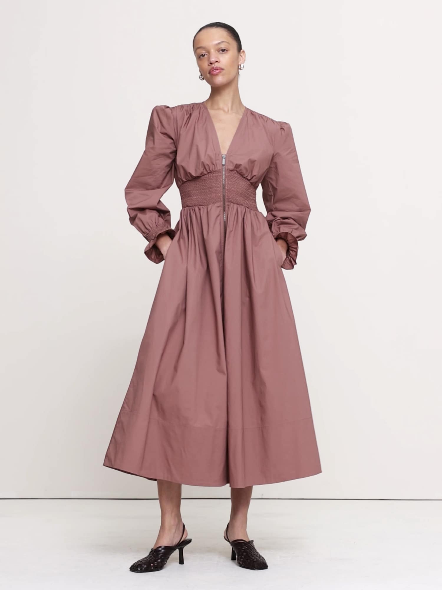 Cotton Poplin Smocked-Waist Maxi Dress