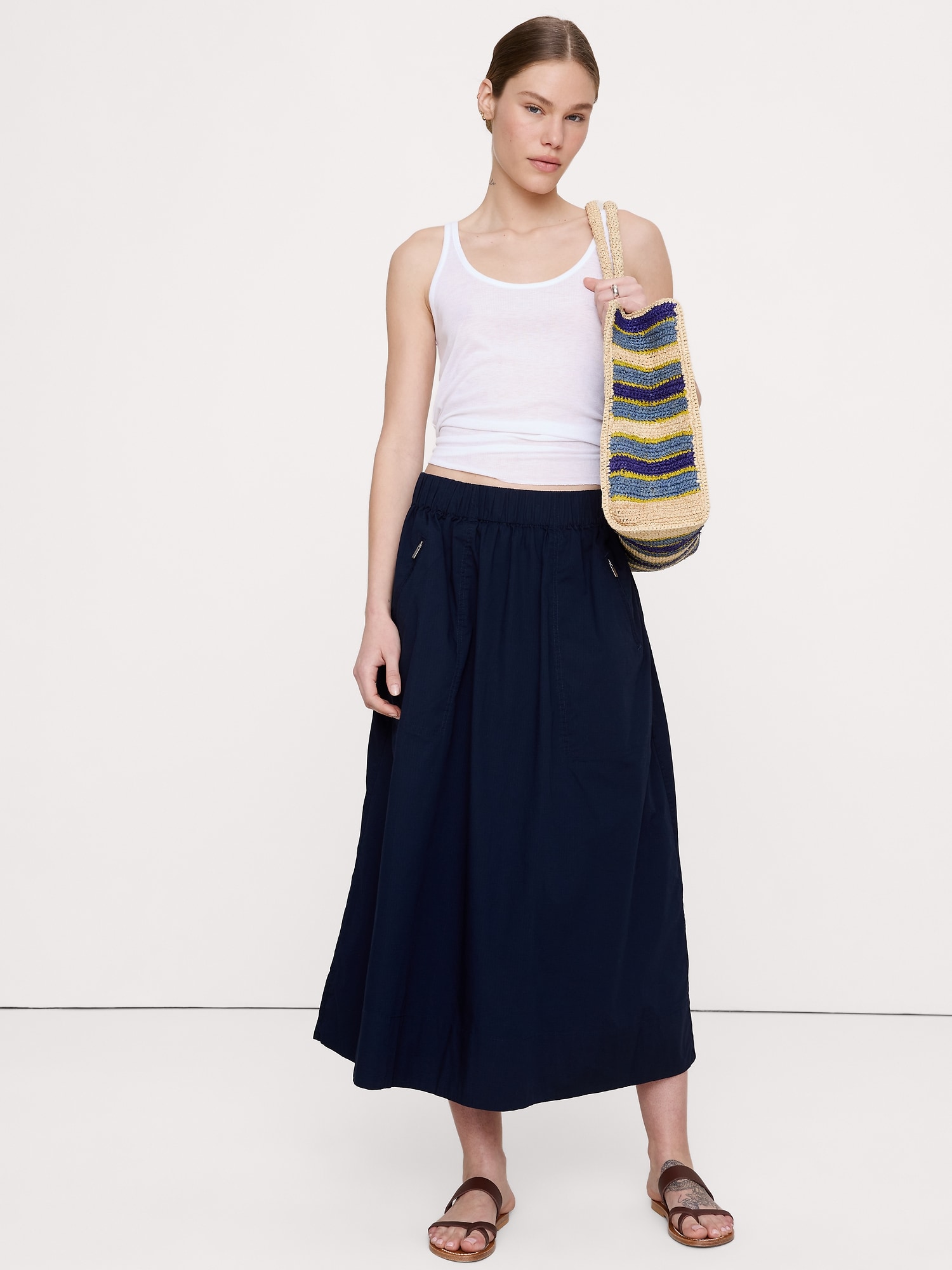 Stretch-Cotton Utility Midi Skirt