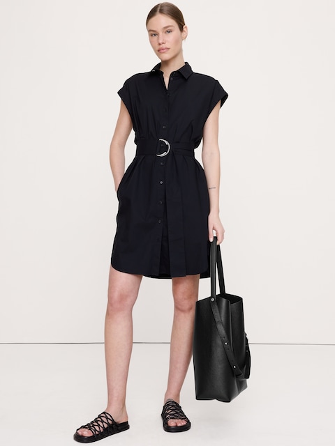 ROBE-CHEMISIER COURTE EN POPELINE DE COTON AVEC CEINTURE