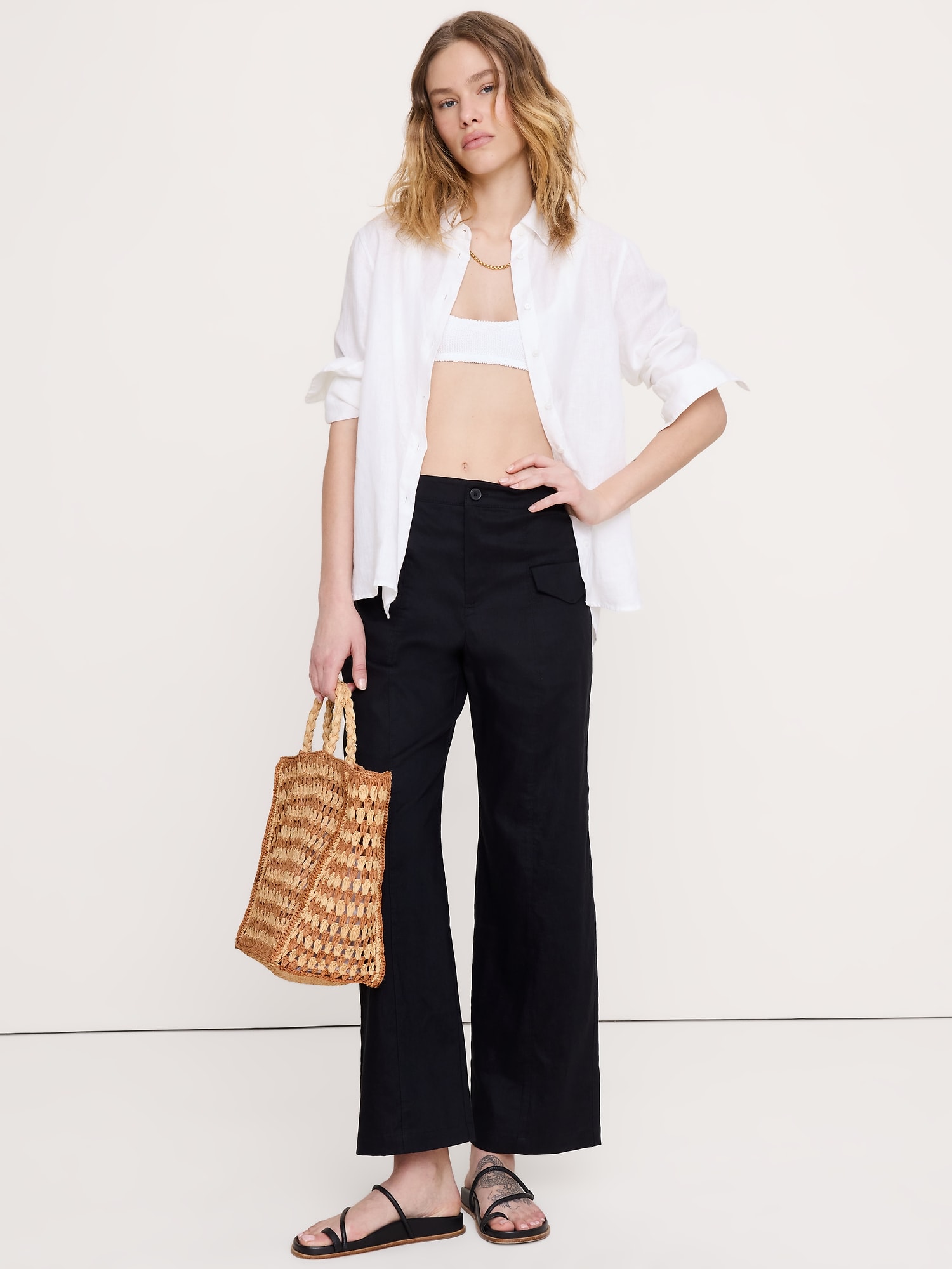 Image number 1 showing, Mid-Rise Straight Utility Pant in Stretch Linen-Viscose