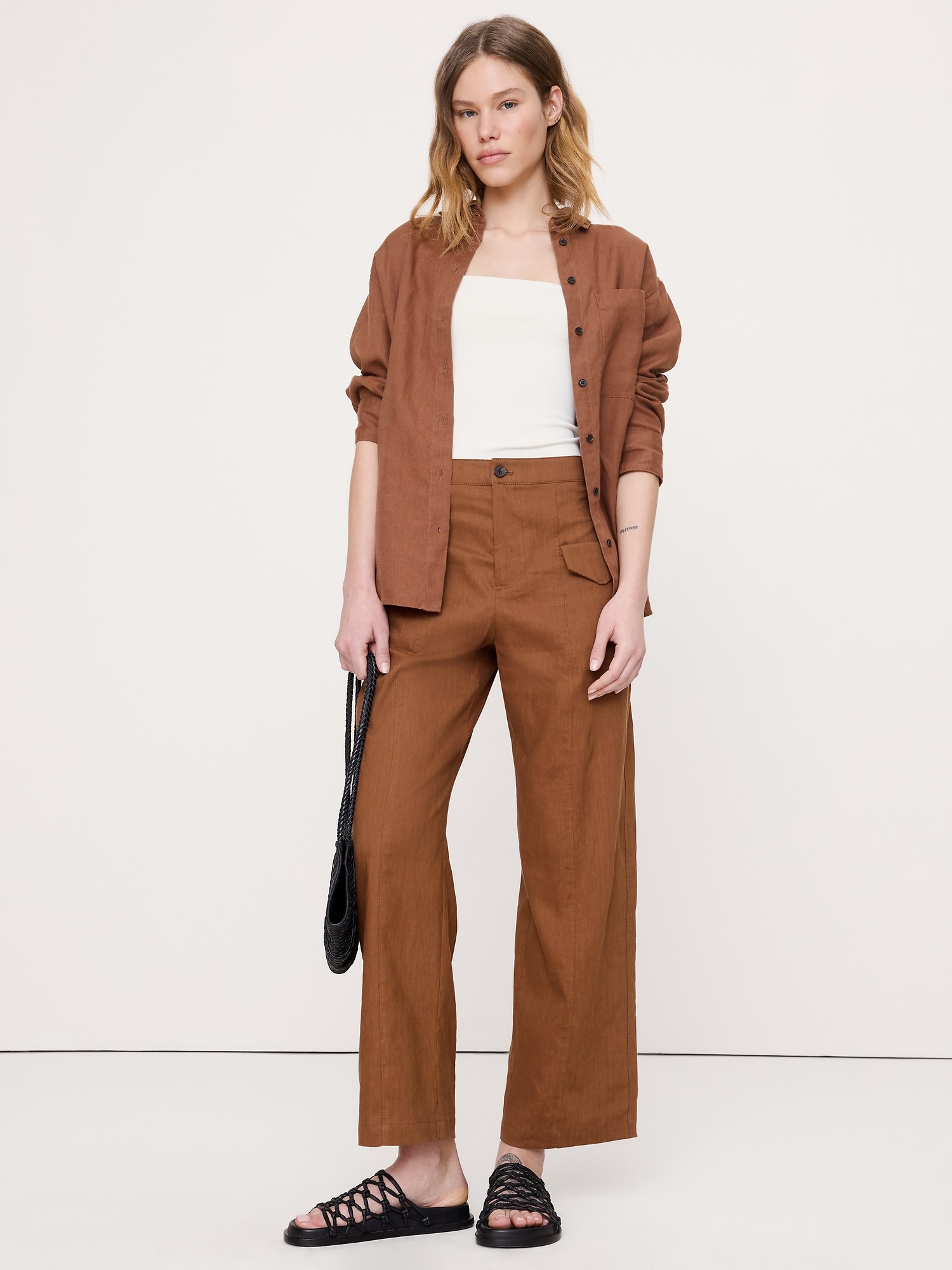 Image number 1 showing, Mid-Rise Straight Utility Pant in Stretch Linen-Viscose