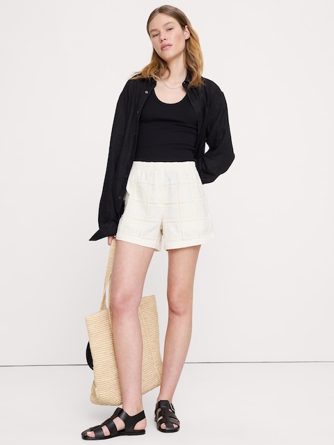 SHORT À TAILLE EXTENSIBLE EN COTON BRODÉ ENTREJAMBE 10 CM