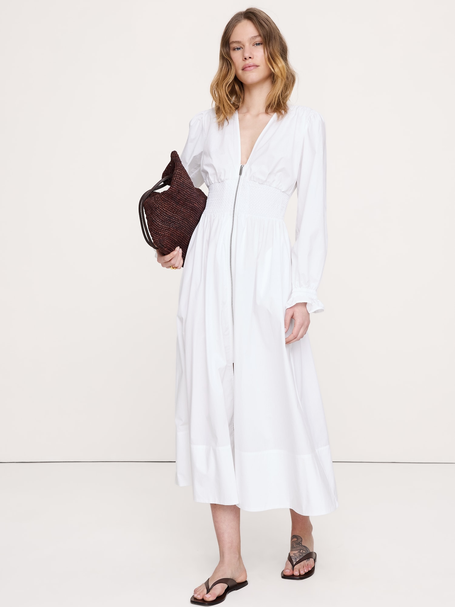 ROBE LONGUE À TAILLE SMOCKÉE EN POPELINE DE COTON