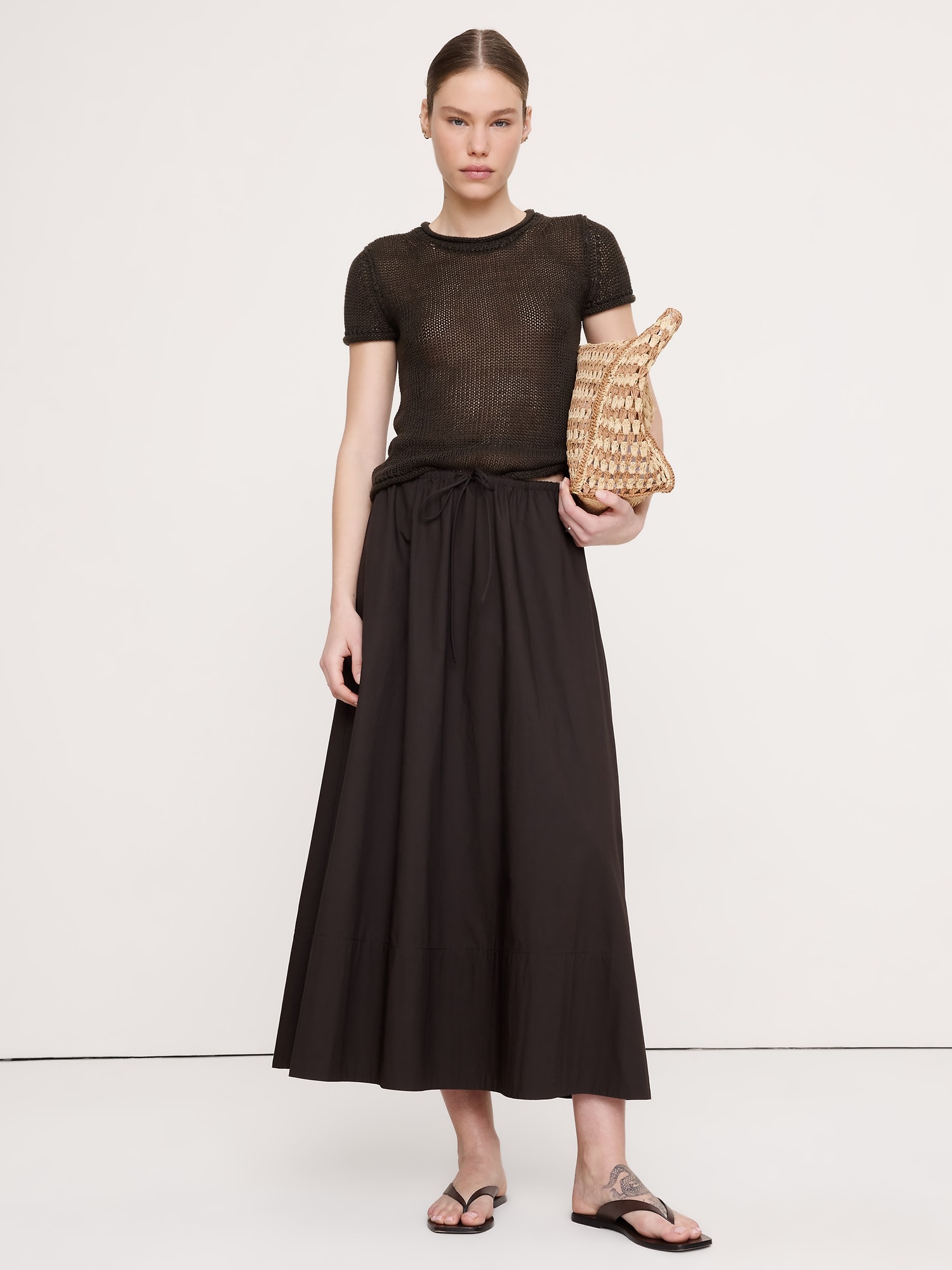 JUPE LONGUE À COULISSE EN POPELINE DE COTON