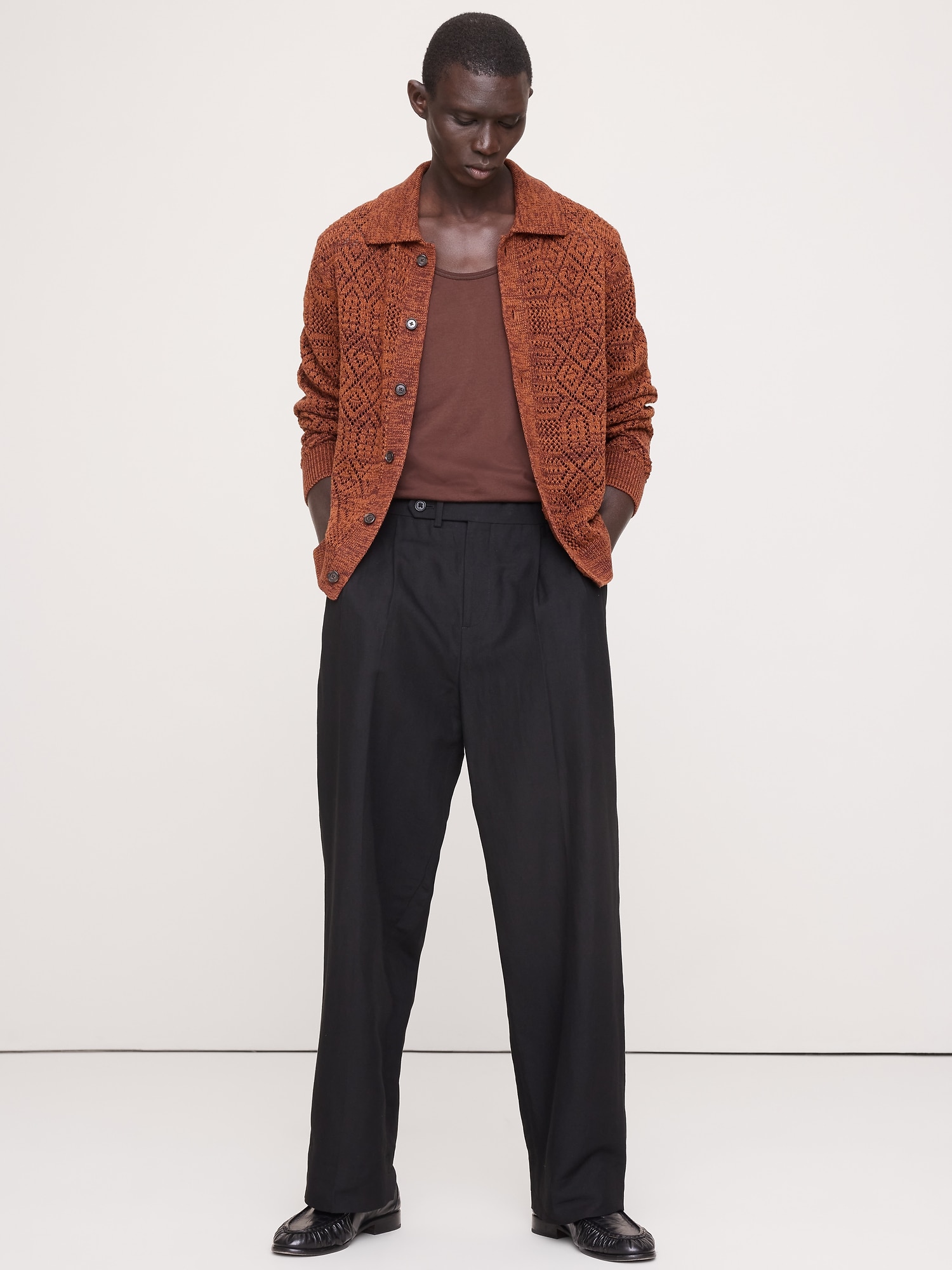 Image number 1 showing, Linen-Cotton Pointelle Polo Cardigan